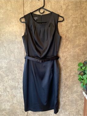 Dressbarn Collection Black Satin Chic Business Shift Midi Funeral Classy Dress 8